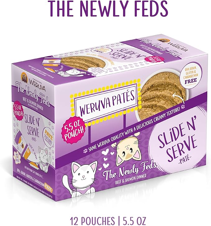 Weruva Wet Cat Food, The Newly Feds with Beef and Salmon Pate, 5.5oz Slide N Serve Pouch, Pack of 12