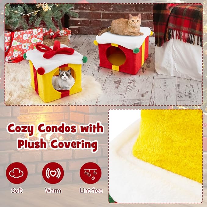 PETSITE Christmas-Themed Gift Box-Shaped Cat House, Stackable 2-Piece Indoor Cat Caves for Kittens, Colorful 2-Story Cat Hideaway Cat Bed for Indoor Cats