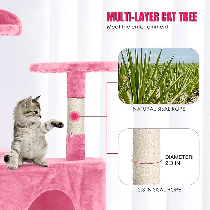 24/7 Shop at Home Court 70 inch Multi-Level Cute Cat Tree Tower with Dangling Ball and Scratching Posts for Indoor Cats Adults, Kitten Supplies, Pet House, Pink