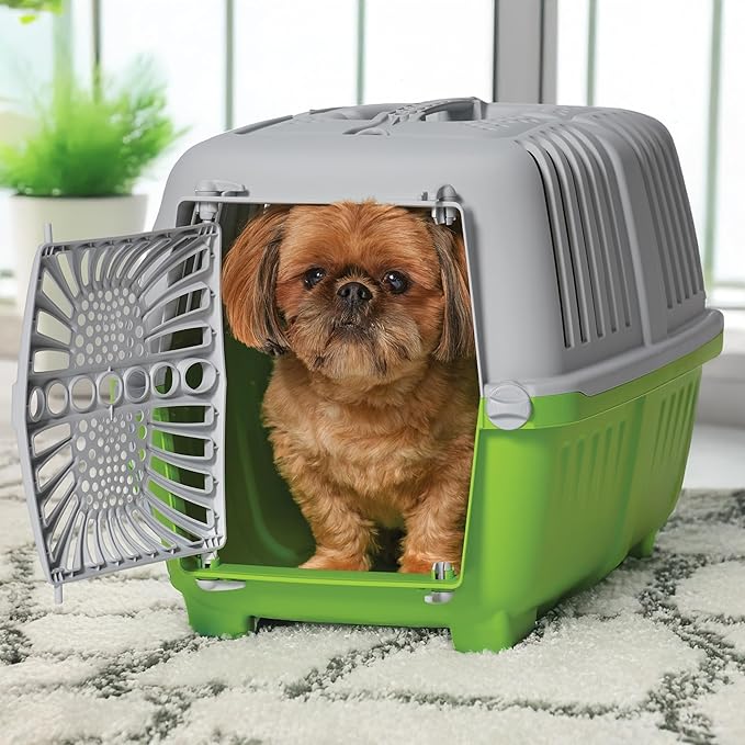 MidWest Homes for Pets Spree Travel Carrier - Hard-Sided Dog & Cat Carrier, Small Pet Travel Crate with Handle, Ventilated Design, Durable Plastic Door, Easy Assembly, 22-Inch, Green
