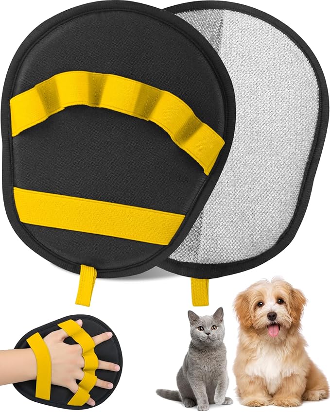 Pet Hair Removal Glove，Five-Finger Design Electrostatic Magic Brush Pet Hair Remover, Reusable Grooming Gloves, Cat & Dog Hair Tool for Carpet, Couch, Furniture and Clothing (Yellow)