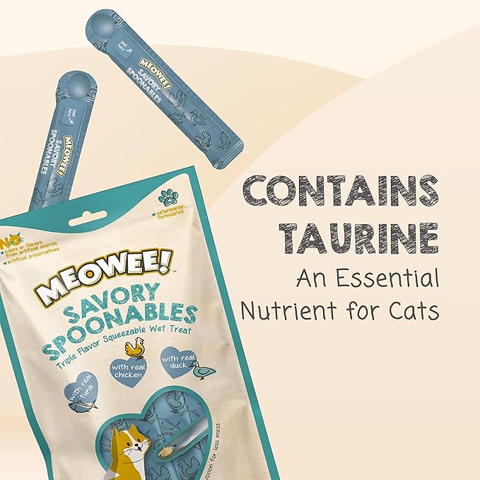 MEOWEE! Savory Spoonables with Real Tuna, Chicken & Duck, 8 Count Tube, Triple Flavor Squeezable Lickable Wet Treats for Cats with Built-in Spoon for Less Mess (Pack of 2)