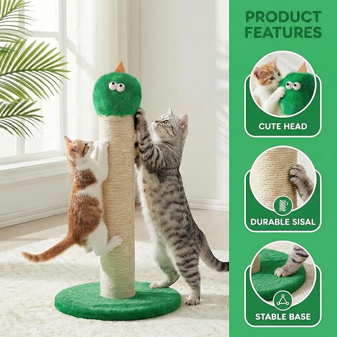 Cat Scratching Post for Small Space, 22'' Scratching Posts for Indoor Cats Adults, Extra Wide 13.4" Stable Base & Natural Sisal, Cute Cat Scratching Post with Short Plush Fabric for Indoor Cats, Green