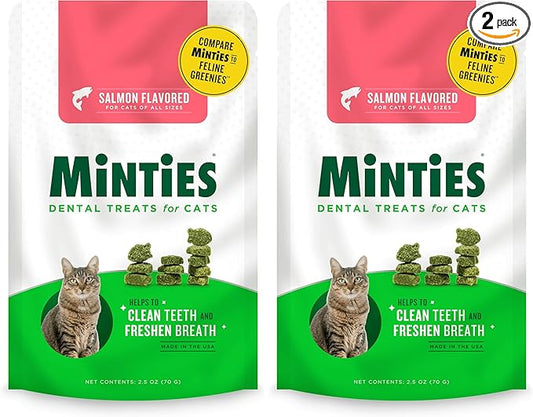 Minties Dental Treats for Cats, Salmon Flavored Treats for Cats, Freshens Breath and Controls Tartar, 2.5oz (Pack of 2)