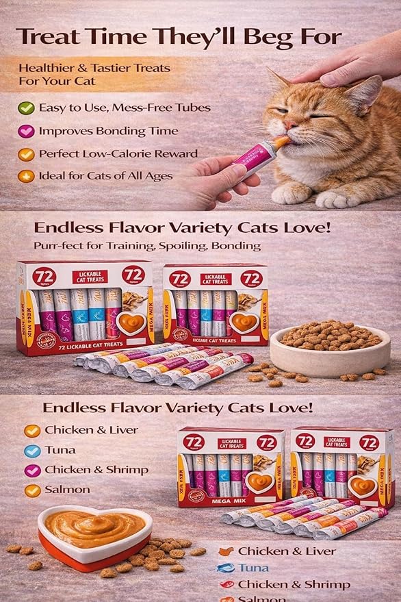 Lickable Cat Treats Squeeze Tubes 144 Pack | Grain-Free High-Protein Creamy Snacks | Chicken Tuna Salmon Beef Variety | All Life Stages Cats & Kittens