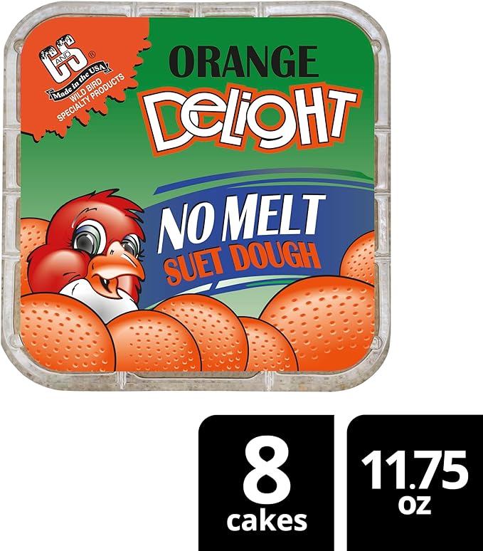 C&S Orange Delight No Melt Suet Dough, Suet Cakes for Wild Birds Including Robins, Blue Jays, Bluebirds, Tanagers, Thrushes and More, 8 Pack