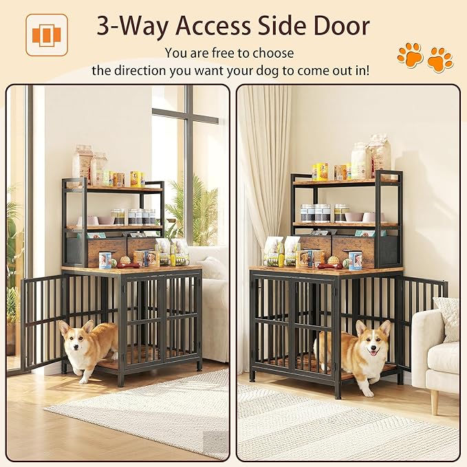 HIGDBFE Dog Crate Furniture with Drawer & Shelf, 25.5" Small Dog Crate with Lockable Doors, Indoor Dog Kennel Furniture for Medium, Small Dogs, Anti-Chew Dog Cage with Storage, Rustic Brown, 43.7" H