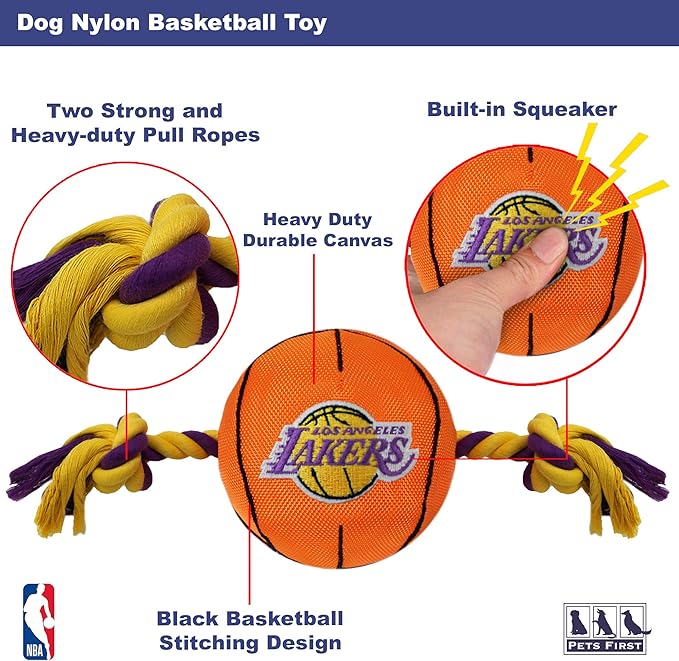 Pets First NBA LOS ANGELES LAKERS Basketball Toy. - Tough Nylon Pet Toy with Tug Ropes & inner Squeaker, One Size, LAK-3105