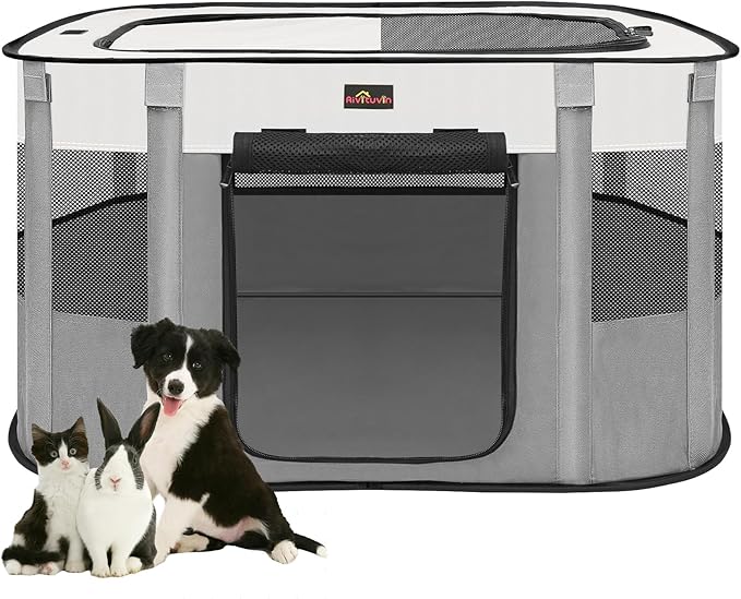 Dog Playpen, Pet Playpen, Foldable Kitten cage Puppy Play Pen, Portable Dog Kennel Tent Crate, Indoor Outdoor Travel Camping Use for Small Animals with Carrying Case (Grey M)