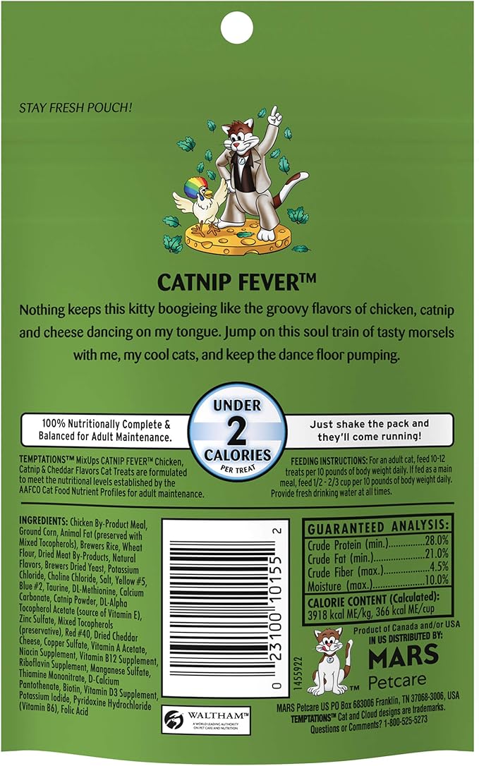 Temptations Cat Treats, Classic Crunchy and Soft Cat Treats, Catnip Fever Flavor, Catnip Treats, 3 oz. Pouch (Pack of 12)