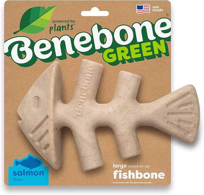 Benebone Green: Plant-Based Real Salmon Fishbone Dog Chew Toy for Large Dogs, Dog Bones for Moderate Chewers, Made in USA