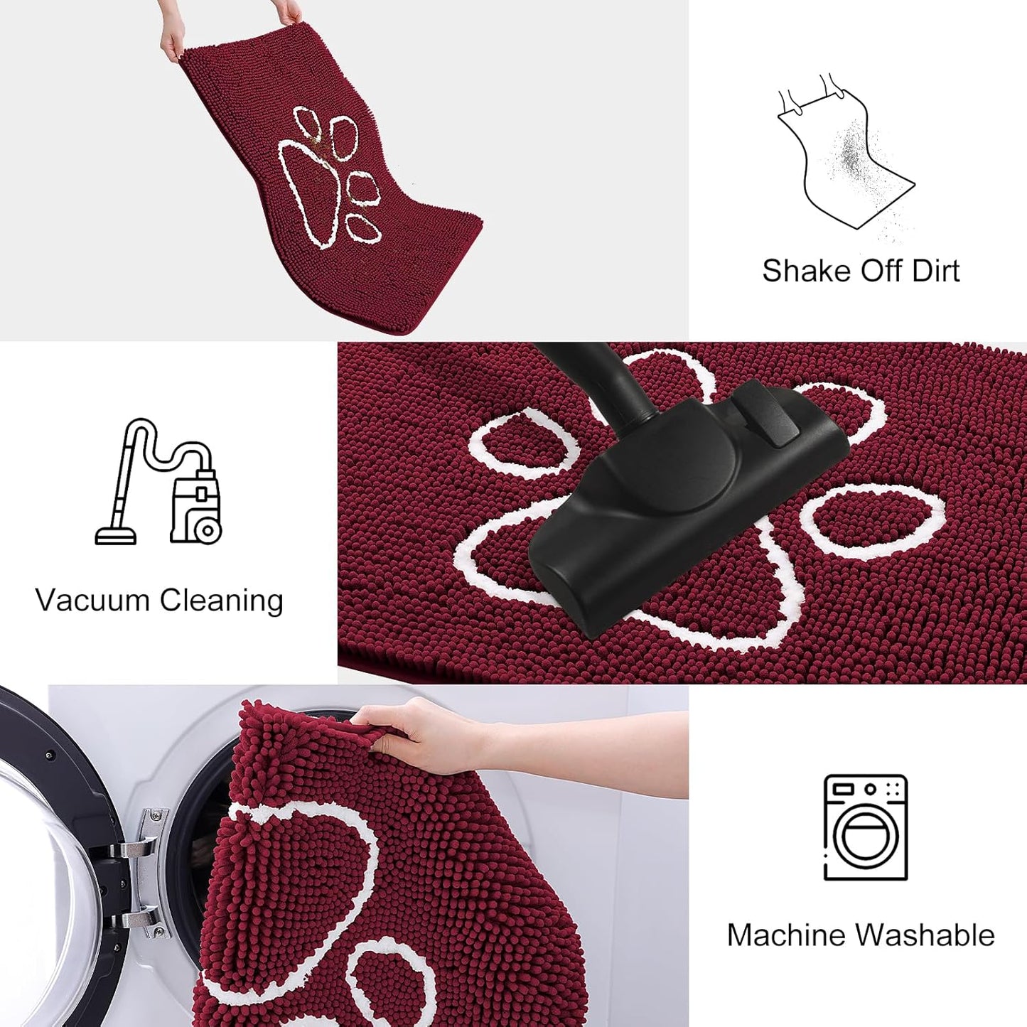 Smiry Dog Door Mat for Muddy Paws, Absorbent Dirt Trapper Non Slip Quick Dry Washable Chenille Mat for Mud Dogs, Entry Rug for Indoor and Outdoor (47x32 Inches, Burgundy)