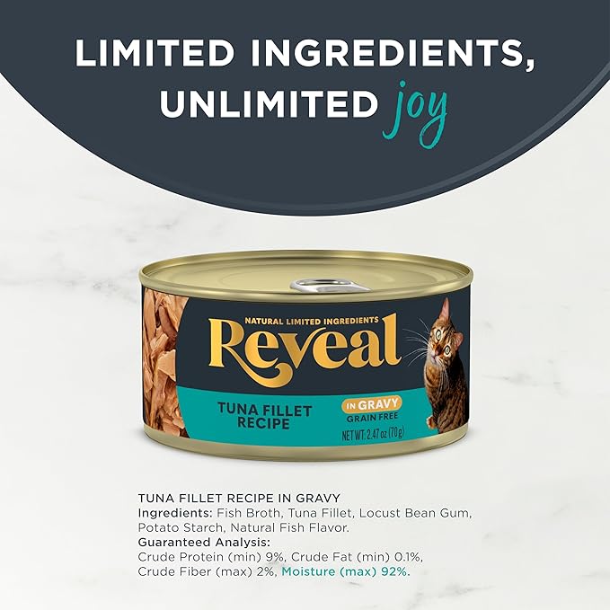 Reveal Natural Wet Canned Cat Food, Limited and Natural Ingredients, Grain Free, High Protein with No Artificial Additives, Tuna in Gravy (24 x 2.47 oz Cans)