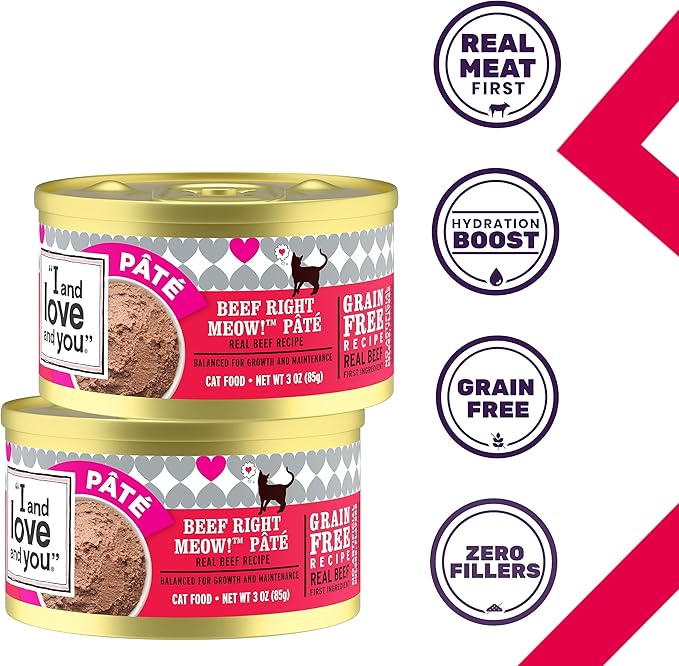 I AND LOVE AND YOU Wet Cat Food - Beef, Right Meow! Pâté Grain Free, Filler Free, 3oz Pack of 4 Cans
