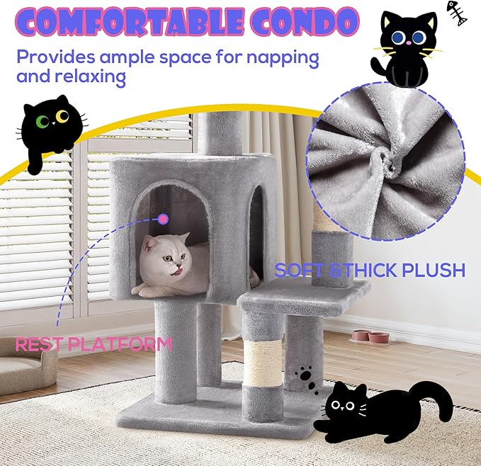 SHA CERLIN 29in Cat Tree for Indoor Cats, Multi-Level Cat Tower with Large Perch, Cozy Condo, Playful Toy Balls, Sisal Scratching Posts, Stable Pet Furniture Activity Center, Space-Saving, Light Grey