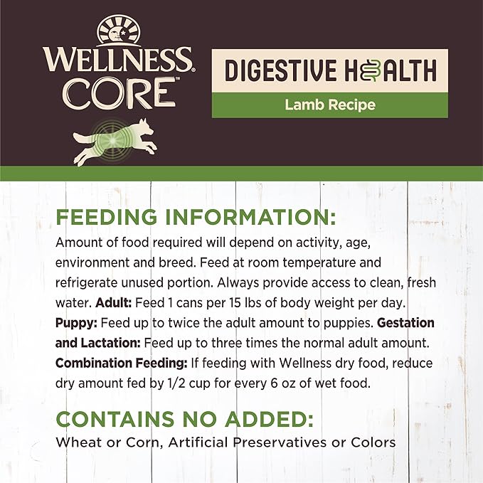 Wellness CORE Digestive Health Pate Adult Canned Wet Dog Food, Grain Free, Sensitive Stomach, Natural, Lamb Recipe, 13 oz, Pack of 12 Cans