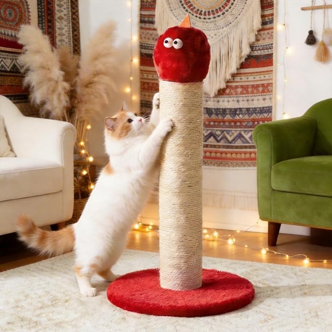 Cat Scratching Post for Small Space, 22'' Scratching Posts for Indoor Cats Adults, Extra Wide 13.4" Stable Base & Natural Sisal, Cute Cat Scratching Post with Short Plush Fabric for Large Cats, Red