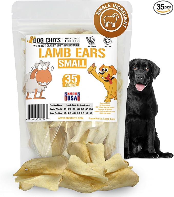 Dog Chits Lamb Ears for Dogs – 100% Natural Baked Lamb Ear Dog Treats – Grain-Free, High Protein, Lower Fat Training Chews – Dental Health & Joint Support – for Medium and Small Pups – 35 Pack