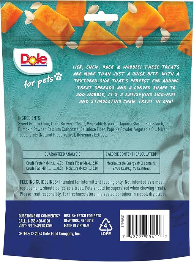 Dole for Pets Freshly Fetched Lasting Chew, Pumpkin Flavor Dog Treats - Flavored with Real Veggies, No Wheat, Corn, Soy, Artificial Flavors, Colors, Preservatives, or Animal Products,8 Ounce - 6 Pack
