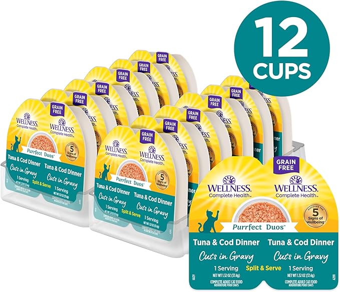 Wellness Complete Health Purrfect Duos Cuts in Gravy Adult Wet Cat Food, Natural, Protein Rich, Grain Free, Tuna and Cod Dinner Recipe, 2.64 oz, Pack of 12 Split Cups