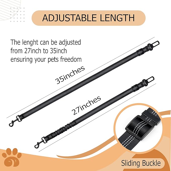 Reflective Bungee Dog Seatbelt Set of 2 with Hook, Adjustable Heavy Duty Elastic Pet Seat Belt for Vehicle, Durable Nylon Car Harness for Dogs, Pet Safety Travel