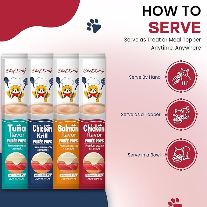 Purée Pops + Blue Feeding Spoon, Grain-Free, Lickable, Squeezable Creamy Cat Treat/Topper, 0.5 Ounces Each Tube, 10 Tubes, Chicken and Seafood Mix Variety