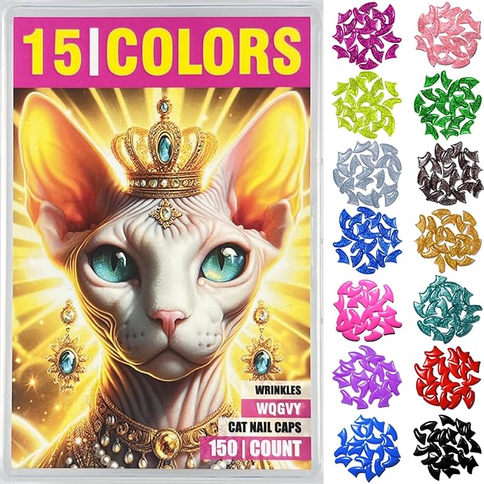 15 Colors | 150 pcs Cat Nail Caps | Cat Claw Covers Tips with Adhesives and Applicators (L)