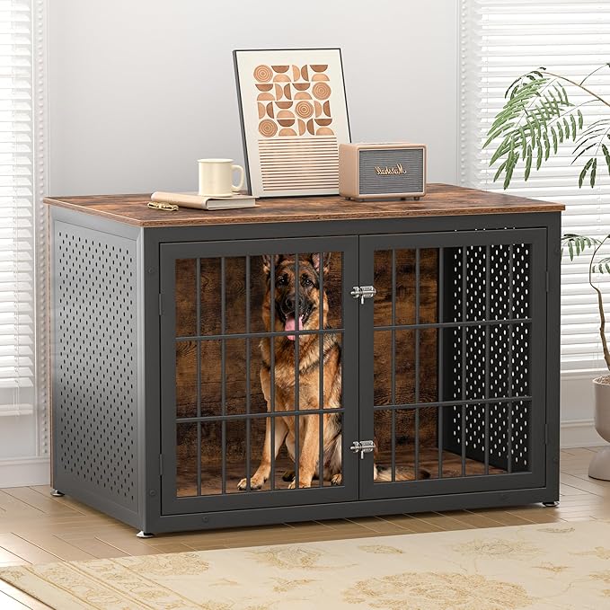 rehomerance 48" Rustic Heavy Duty Dog Crate Furniture for Extra Large Dogs, Metal Kennel for High Anxiety Dogs, Wooden Cage Furniture Indoor, Decorative Dog Kennel End Table, XL