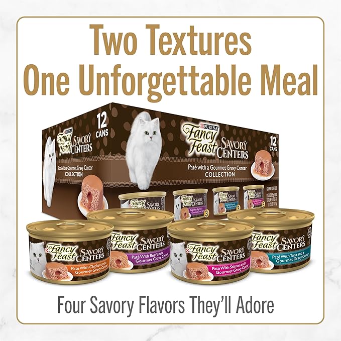 Fancy Feast Purina Savory Centers with Salmon Wet Cat Food Pate with Gourmet Gravy Center - 3 oz. Cans,(Pack of 48)