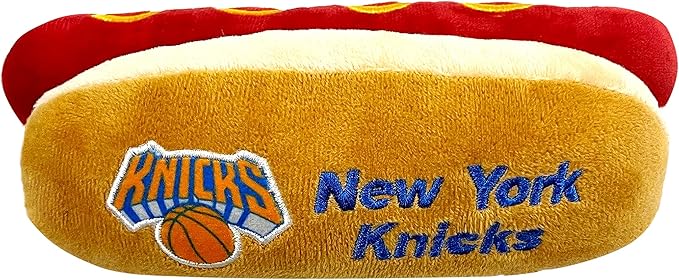 Pets First NBA New York Knicks HOT Dog Plush Dog & CAT Squeak Toy - Cutest HOT-Dog Snack Plush Toy for Dogs & Cats with Inner Squeaker & Beautiful Basketball Team Name/Logo 8 x 5 x 3 Inches