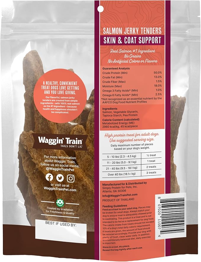 Waggin' Train Salmon Jerky Dog Treats for Skin and Coat Support, Made with 100% Real Salmon, No Grains and No Artificial Flavors or Colors, High Protein Dog Treat, Easily Digestible, 12 oz. Pouch