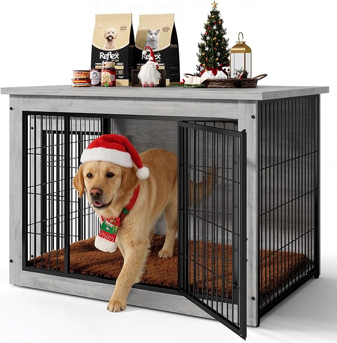 Dog Crate Furniture with Thick Cushion, Side End Table Wooden Dog Cage with Double Doors, Chew-Resistant Dog Kennel Dog House Indoor for Small to Large Dog