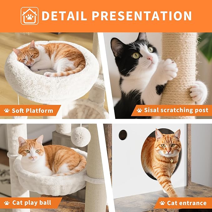 Modern Wooden Cat Tower with Hidden Litter Box Enclosure, Multi-Level Cat Condo, Scratching Posts, Cozy Hanging Basket & Toy, Durable Cat Tree Furniture for Indoor Cats, Vintage Brown