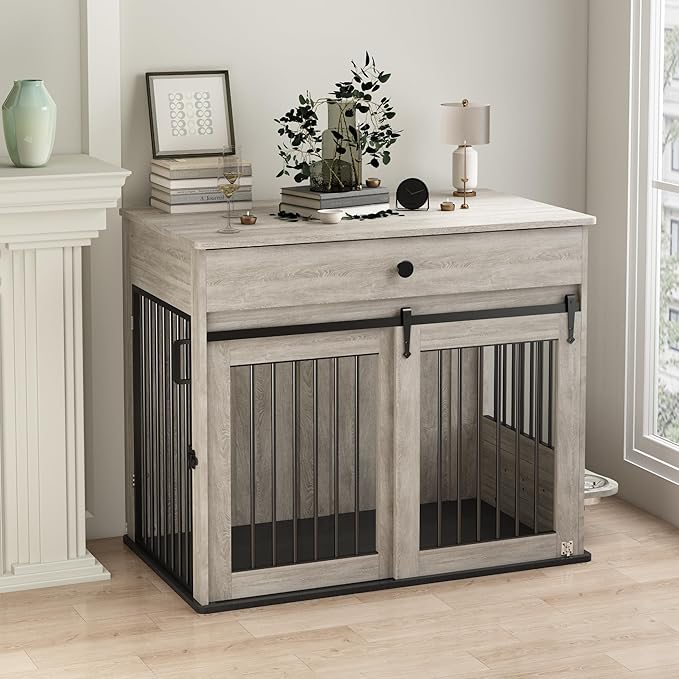 Large Dog Crate Furniture with Sliding Door & 360° Spinning Bowls | Durable Modern End Table for Medium & Large Dogs for Pet Owners (40-inch)