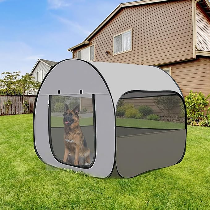 Pop-Up Dog Kennel Enclosure Large - Large Portable Outdoor Pet Crate with Carry Bag, Waterproof Travel Carrier for Camping Home, Grey
