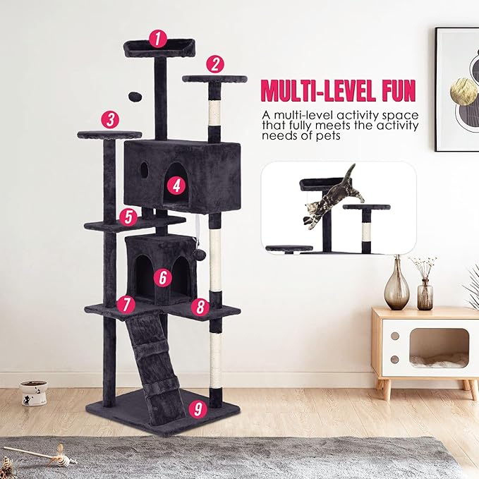 24/7 Shop at Home Court 70 inch Multi-Level Cute Cat Tree Tower with Dangling Ball and Scratching Posts for Indoor Cats Adults, Kitten Supplies, Pet House, Ash Gray