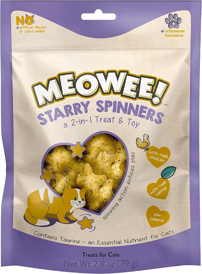 MEOWEE! Starry Spinners Cat Treat, 2.8 Ounce, 2-in-1 Treat & Toy Made with Real Chicken, Chicken Liver & Catnip, Encourages Playfulness & Low Calorie