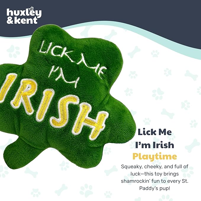 Huxley & Kent Funny Dog Toy w/Squeaker – St. Patrick's Day Power Plush Squeaky Dog Toys for Small, Medium & Large Dogs – Soft Stuffed Animal for Indoor Play & Fetch - Lick Me Shamrock, One Size