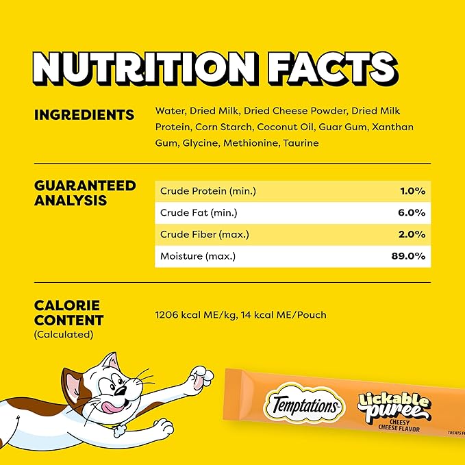 Temptations Creamy Puree Squeezable Lickable Cat Treats, Wet Cat Treats with Cheese, 0.42 oz. Tubes, 16 Count