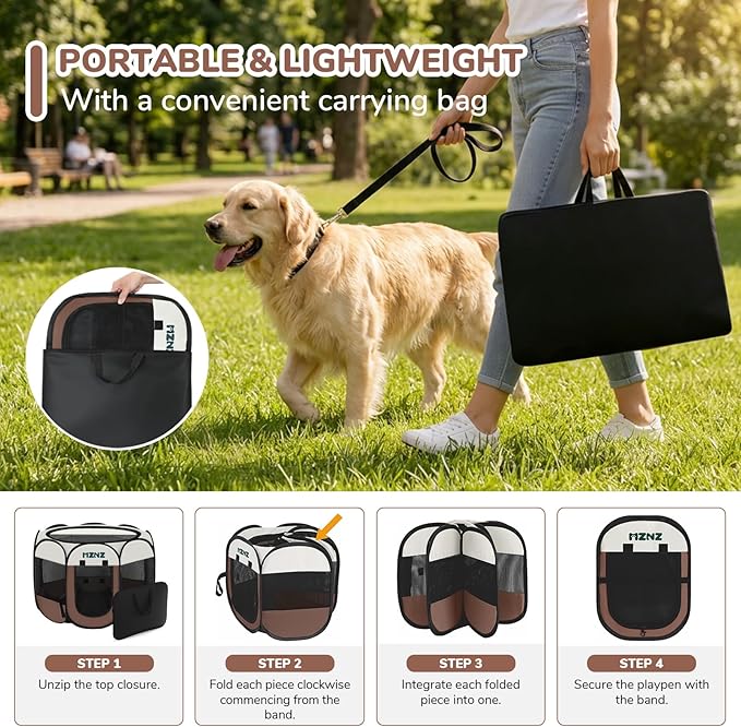 Dog Playpen, Portable Puppy Pet Crate Indoors for Small/Medium Dogs Cats Rabbits, Foldable Dog Cage Enclosure for Outdoor, Pop Up Dogs Tent Kennel with Carrying Case, Brown