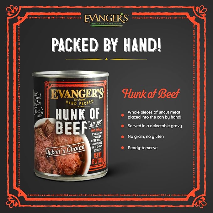 Evanger's Heritage Classics Hand Packed Hunk of Beef Dog Food – 12 Count, 12 oz Each – Tender Beef Roast Cooked in Own Juices – Grain & Gluten Free Wet Dog Food
