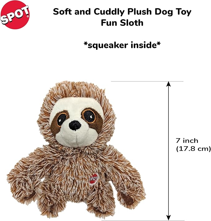 SPOT Fun Sloth Dog Toy - Soft, Stuffed, Squeaky, Plush Fabric Toy for Mini and Small Dogs and Puppies, Enrichment for Light Chewers and Cuddlers, 7in