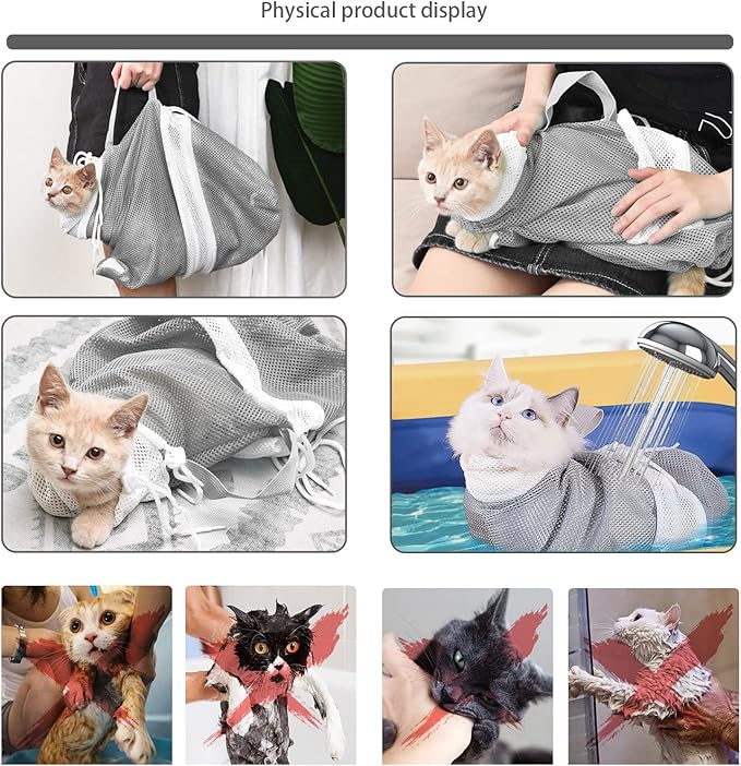 Adjustable Multifunctional Anti-Bite Shower Net, Cat Grooming Mesh Bag, Bath Brush and Pet Finger Toothbrush - B-Grey