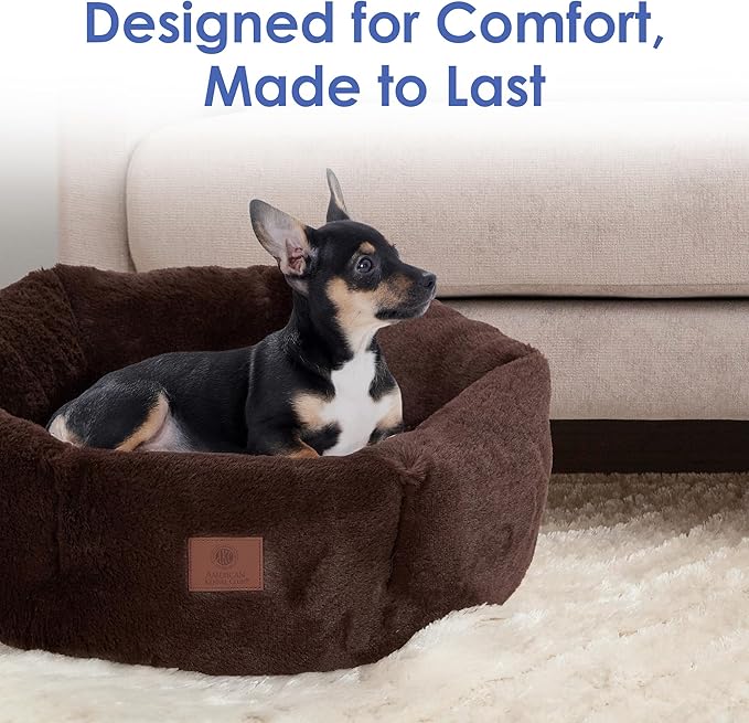 AMERICAN KENNEL CLUB Round Plush Dog Bed - 20" Cozy Donut Design for Small Pets, Ultra-Soft Washable Pet Bed with Non-Slip Bottom, Durable High-Loft Filling, Brown