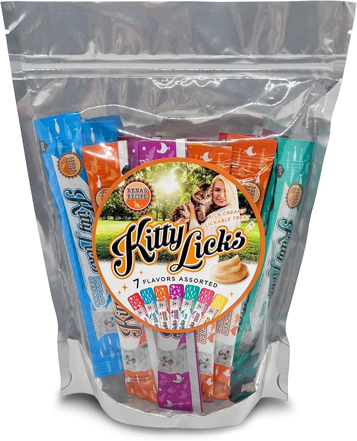 Rena's Recipe Kitty Licks Lickable Cat Treats Variety Pack 28 Tubes Creamy Cat Treat Purée 7 Flavors Tuna Chicken Grain Free Cat Squeeze Treats