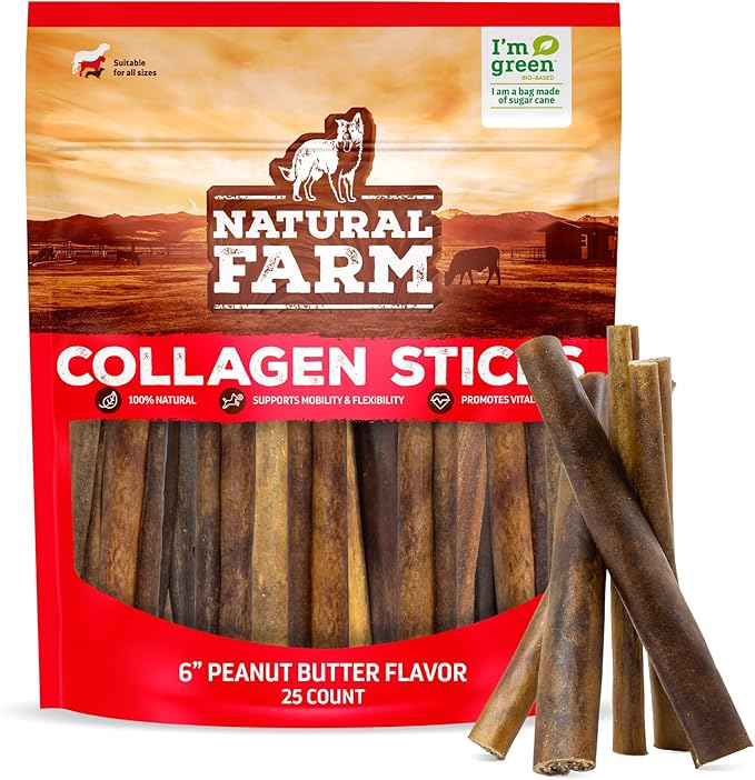 Natural Farm Peanut Butter Flavor Collagen Sticks for Dogs (6 Inch, 25 Count), Long-Lasting Beef Collagen Sticks, Rawhide Alternative Chews with Chondroitin & Glucosamine, Low-Fat Dental Treats