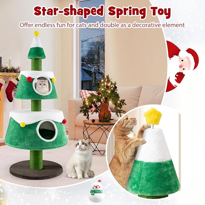 PETSITE 60 inch Cat Christmas Tree, Cute Cat Tower with 2 Condos, Sisal Scratching Posts, Spring Toy, Removable Beds, Modern Holiday Cat Tree Tower for Indoor Cats