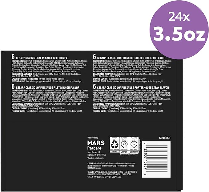 Cesar Classic Loaf in Sauce Wet Dog Food, Beef Recipe, Filet Mignon Flavor, Grilled Chicken Flavor, and Porterhouse Steak Flavor, 3.5 oz. Easy Peel Trays, Variety Pack (24 Count, Pack of 1)