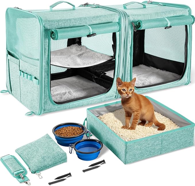 Large Cat Carrier for 2 Cats with Zipper Locks, Double Cat Carrier with Travel Litter Box, Soft Pet Travel Carrier for Cats and Small Dogs Up to 45 Lbs, Green
