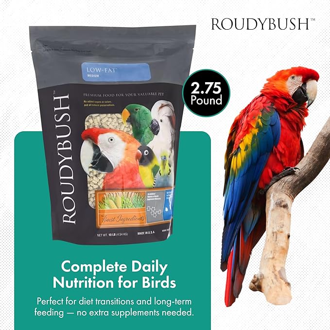 RoudyBush Low Fat Food for Adult Birds & Chicks - Scientifically Formulated Bird Feed - Bird Food Pellets w/Corn, Wheat, Soy & More - Nutritious & Healthy Feed for Birds (Medium, 44oz)